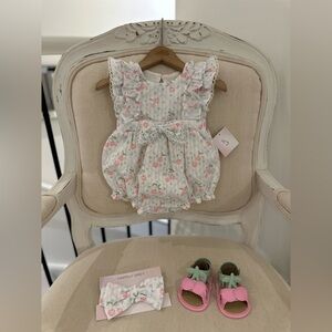 🤍3~6 Mth Floral Bubble Romper with Bow & Cherry Lace Print, Shoes & Hair Bow NWT